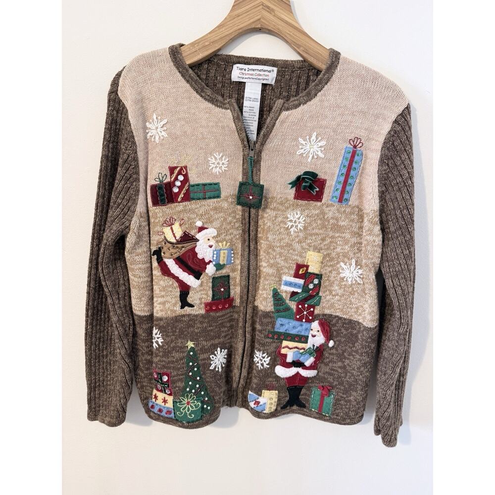Vintage Tiara International Women's Santa Christmas Cardigan Sweater XL